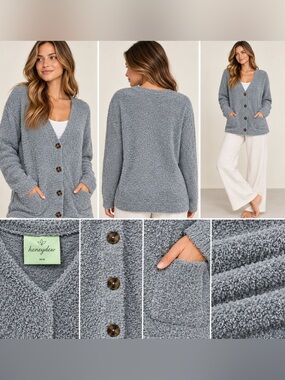 Honeydew Slate Gray Fuzzy Button Front Cardigan Cozy Sweater Size M NWT